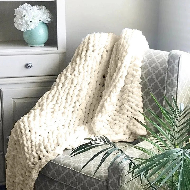 Hand Chunky Knitted Blanket Handmade Coarse Wool Woven